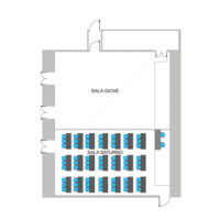 Nell'immagine, la planimetria della sala meeting Saturno del Net Tower Hotel con allestimento banchi di scuola.